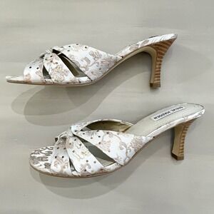 Steve Madden Slip On Sandal Open Toe Size 7.5 P-Kiss Heels Satin Floral Sparkle